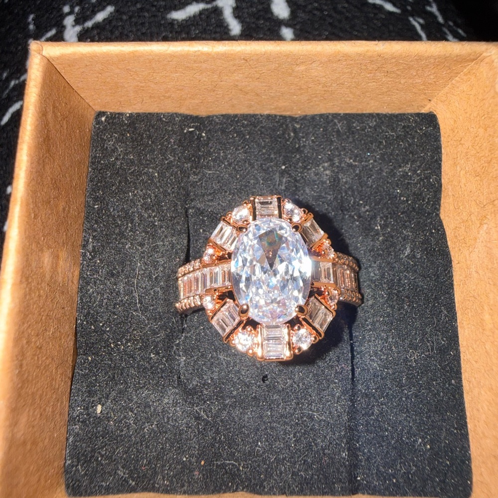 Rose Gold Oval Halo Statement Ring with Clear Center Stone